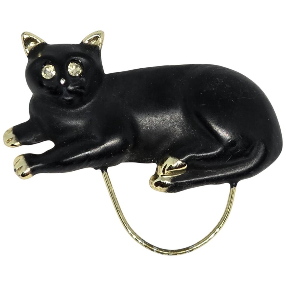 Black Cat Enamel & Gold Tone Rhinestone Eyes Brooch Pin